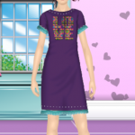 this is a plum dress with rhinestones, aqua pom-poms, and a rainbow gem love design. i hope you like it!