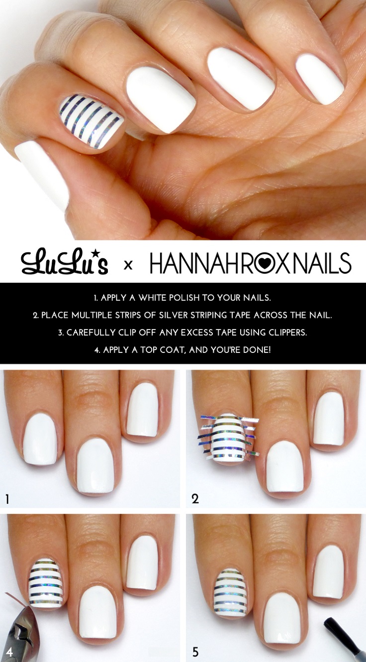 White and Silver Striped Accent Nail Mani Tutorial